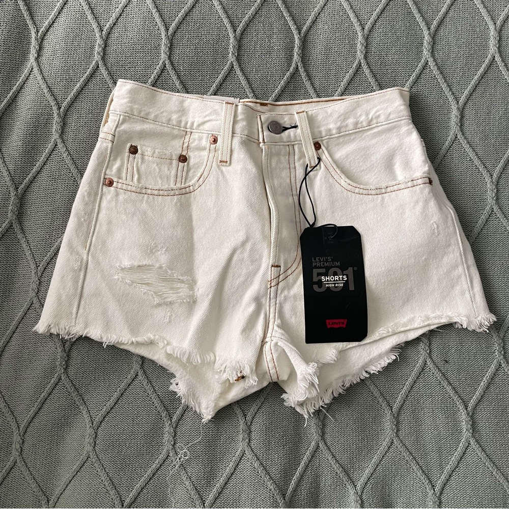 Levi's White High-Rise 501 Frayed Denim Shorts